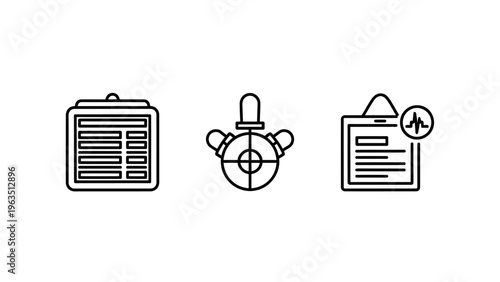 Medical health monitoring and data logging icons with patient chart tablet, heart rate pulse sensor device and healthcare diagnostic recording symbols for clinical information systems