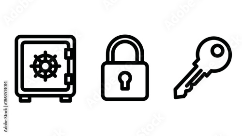 Security and safety icons including a heavy steel safe vault for banking, a locked padlock for data privacy, and a metal door key for access control and authorized entry protection concepts