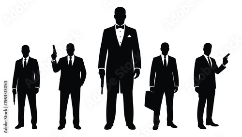 Silhouettes of five suited men with guns and briefcase
