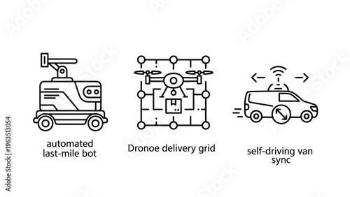 Autonomous delivery technology icon set featuring automated last mile robot, drone delivery grid system, and self-driving van sync for future logistics and smart city transportation solutions