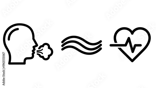 Human health and wellness icon set featuring breath visualization, air flow waves, and heart rate pulse for medical, meditation, fitness, and biological awareness applications