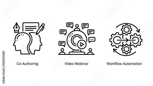 Modern business productivity icon set for collaborative co-authoring, professional webinar streaming, and efficient workflow automation with gear synchronization
