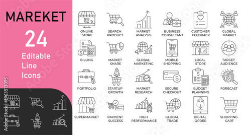 Market and E-commerce line icon set. Contains symbols for online store, market analysis, startup growth, global trade, and digital order. Professional vector design for business.