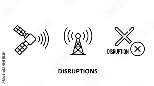 Telecommunication signal disruption icons including satellite transmission, broadcast tower with interference waves, and a crossed out connection symbol for service outage graphical set