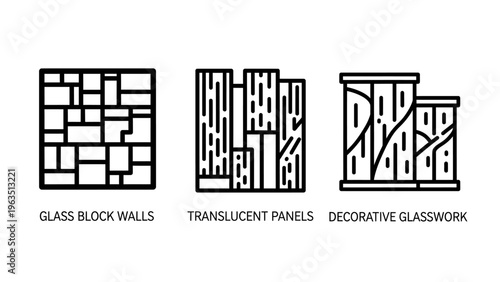 Architectural glass element icons showing glass block wall patterns, vertical translucent panels, and decorative glasswork textures for modern interior design and construction projects
