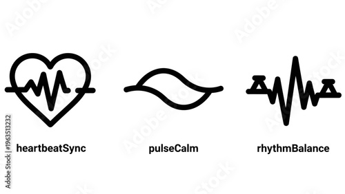 Medical health monitor rhythm icons including heart rate sync with pulse line, calm wave for steady breathing, and balanced frequency wave for biological wellness tracking data display