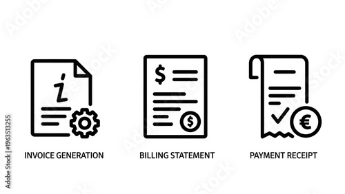 Financial transaction and billing icons representing invoice generation with gear settings, professional billing statement document, and official payment receipt with currency symbols