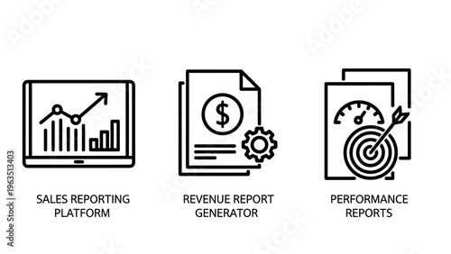 Professional business performance icons for sales reporting platform, revenue report generation, and data tracking targets for corporate financial analysis and strategic growth monitoring