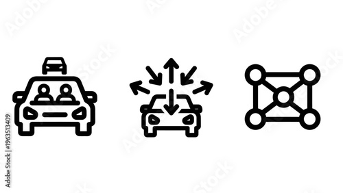 Smart transportation and connected vehicle icons depicting carpooling passengers, automotive sensor data, and network infrastructure nodes for autonomous urban mobility and traffic solutions