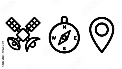 Global positioning and navigation system icons featuring orbital satellite, nautical compass, and map location pin for travel direction, geographic tracking, and orientation data graphics