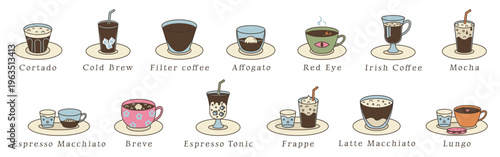 Coffee types, retro color illustration vector set. Cortado, Cold Brew, Filter Coffee, Affogato, Red Eye, Irish Coffee, Mocha, Espresso Macchiato, Breve, Espresso Tonic, Frappe, Latte Macchiato, Lungo