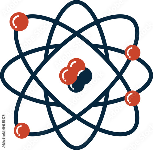 Atom symbol with colorful orbiting particles.