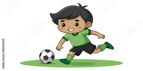 A young boy in a green sports uniform kicking a soccer ball on a grassy field