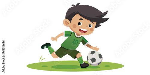 A young boy excitedly kicking a soccer ball on a grassy field