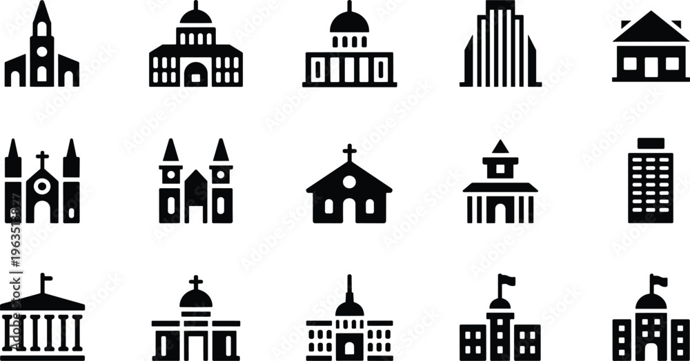 Fototapeta premium Government and city building icons set including church, capitol, courthouse, school, office and institutional architecture symbols, solid black vector collection