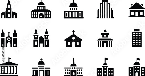 Government and city building icons set including church, capitol, courthouse, school, office and institutional architecture symbols, solid black vector collection