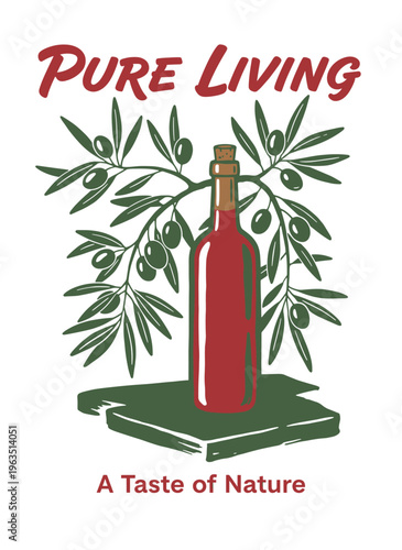 Pure living organic olive oil bottle with olive branch and leaves, vintage hand drawn graphic illustration for t-shirt design and food packaging