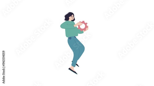 Flat vector woman holding gear isolated on white background illustration