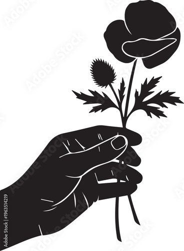 Hand holding poppy flower, remembrance day, sympathy, vector silhouette art