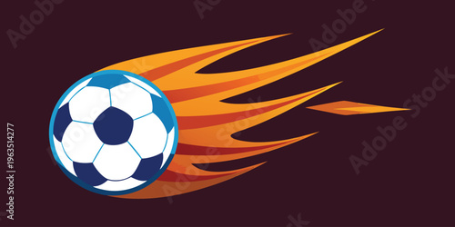 Dynamic soccer ball with fiery motion trail against dark background