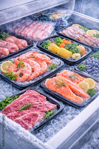 Frozen Food Showcase: An enticing display of fresh ingredients in a freezer. showcasing a variety of chilled items, perfectly preserved and ready for culinary creation.