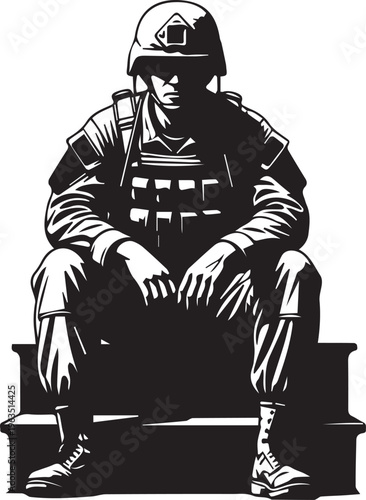 Military soldier sitting down vector silhouette illustration line art on transparent background