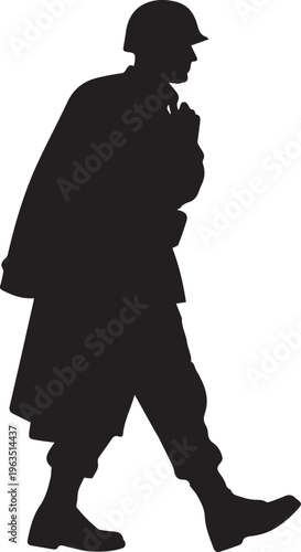 Military soldier walking vector silhouette illustration line art on transparent background