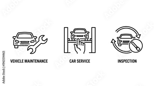 Car service and maintenance icons: vehicle repair, wrench, car lift, inspection, diagnostic, automotive, mechanic, garage, workshop, auto repair, checkup