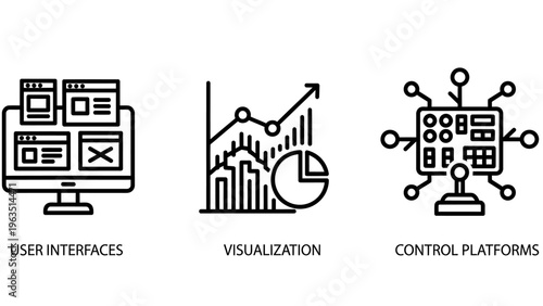 Technology and data icons: computer monitor with UI screens, data visualization with charts, control platform with connections, interface design, analytics, system management, dashboard