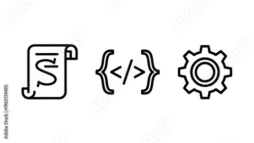 Software development icons: document scroll, code brackets, gear cogwheel, programming, coding, development process, settings, configuration, software engineering, tools, algorithm