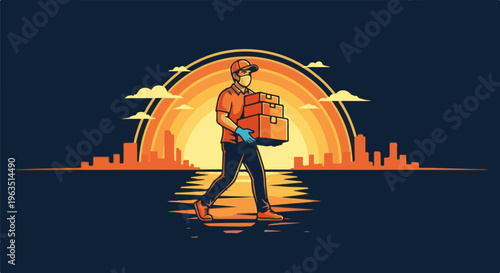 masked delivery person walks carrying packages at sunset cityscape background