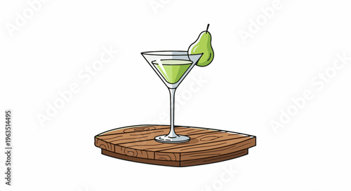 Martini glass with green liquid and pear slice on wooden board