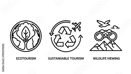 Ecotourism, sustainable tourism, wildlife viewing icons vector set: eco-friendly travel and nature exploration concepts