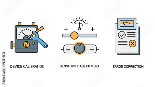 Technical icons: device calibration meter with wrench, sensitivity adjustment slider controls, error checkmark on document