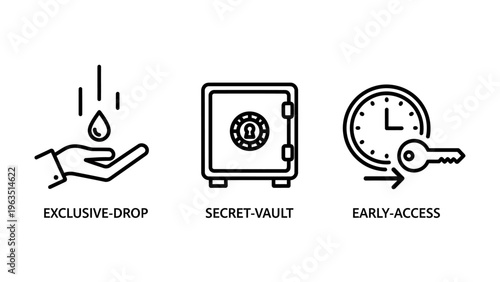 Exclusive drop, secret vault, early access icons vector set: security, confidentiality, and premium content concepts