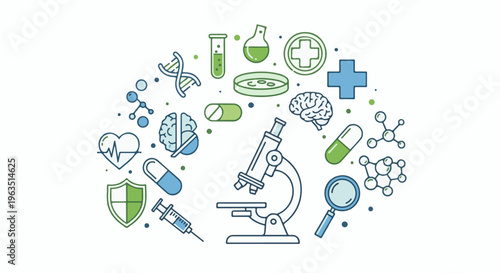 Medical icons forming a circular mosaic DNA, brains, pills, microscope, heart