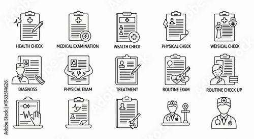 Medical icons depicting various health checks, examinations, and treatments