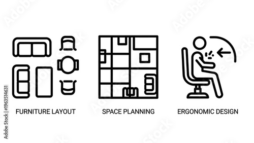 Furniture layout, space planning, ergonomic design icons vector set: interior design, office, and home arrangement concepts