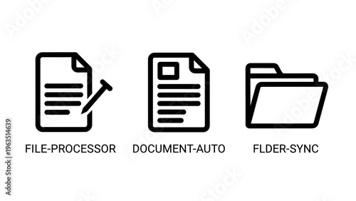 File processing, document automation, folder sync icons vector set: digital data management and organization tools