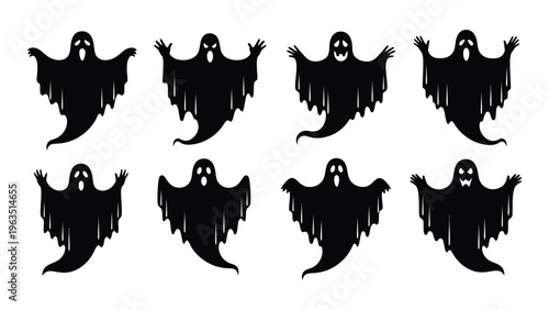Collection of eight black silhouette ghosts with hoods