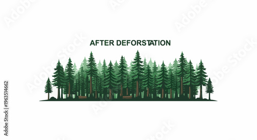 Lush green pine forest with a stark white background and text