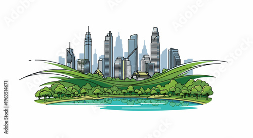 Lush green parkland surrounds a city skyline reflected in tranquil water