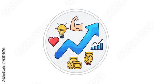 Growth and Improvement Concept with Arrow, Lightbulb, Heart, Muscle, Coins, and Graph.