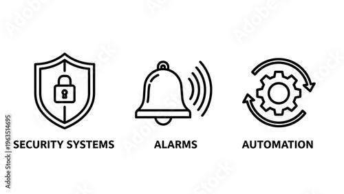 Icons representing security systems, alarms, and automation for safety and technology concepts