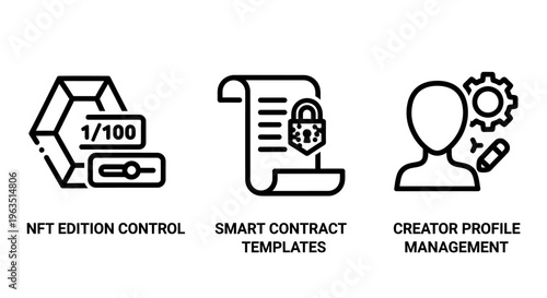 Nft edition control, smart contract templates, and creator profile management icons, blockchain technology, digital art ownership, and decentralized applications