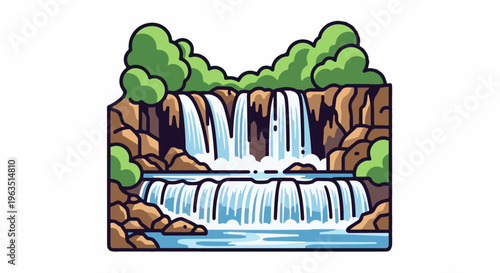 Lush green trees frame a two-tiered waterfall cascading down rocky cliffs