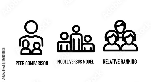 Peer comparison, model versus model, and relative ranking icons, representing competitive analysis, performance evaluation, and ranking systems in business and hr