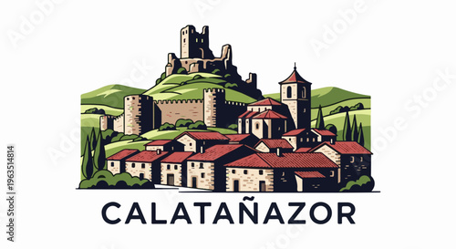 Medieval castle and village illustration with terracotta roofs and green hills