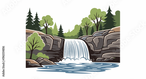 Lush green trees surround a cascading waterfall into a serene blue pool