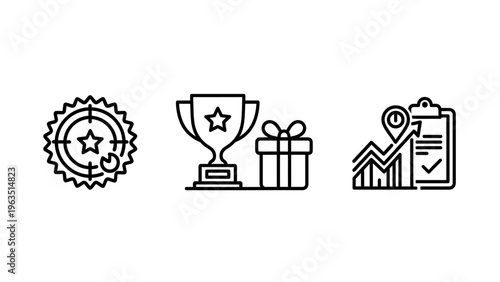 Award trophy, gift box, and target with checkmark icons, representing success, achievement, prizes, rewards, and goal completion in business and sports